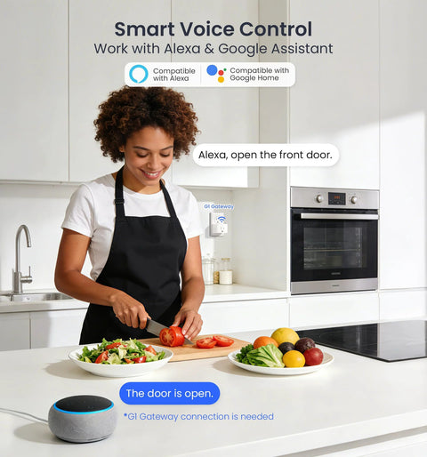 Woman in kitchen using smart voice control with Alexa device, preparing vegetables on counter.
