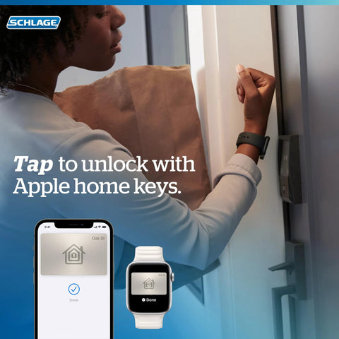 Person using Apple Watch to unlock Smart WiFi Front Door Deadbolt With Built In WiFi App Control And Keyless Entry Unlock From Anywhere Through The Connected App Apple Watch Unlock Capability With HomeKit And Alexa Compatible Matte Black Finish Easy Install For Enhanced Security And
