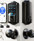 Built In WiFi Smart Lock With 2 Knobs Keyless Entry Front Door Handle Set For Hands Free Access Remote App Control Fingerprint Access Electronic Digital Keypad Deadbolt IP65 Weatherproof Matte Black, showing components including keypad, knobs, keys, and remote app.