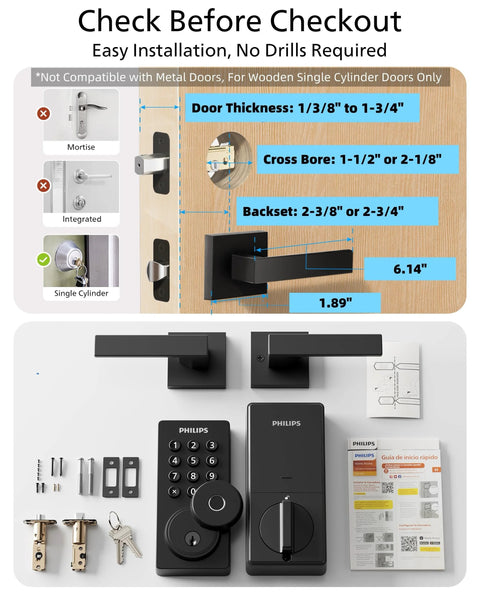 Smart WiFi Keypad Front Door Lock With Handle And Auto Lock For Keyless Entry And Voice And Fingerprint Unlock App Remote Control 2 4 GHz Connectivity Digital Front Door Lock Set For Enhanced Home Security installation guide and components