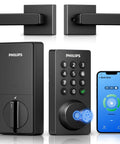 Smart WiFi Keypad Front Door Lock With Handle And Auto Lock For Keyless Entry And Voice And Fingerprint Unlock App Remote Control 2 4 GHz Connectivity Digital Front Door Lock Set For Enhanced Home Security featuring a black keypad and smartphone control app display.