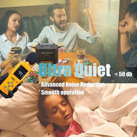 Smart 2-In-1 Card Shuffler and Dealer For Up To 12 Players, pictured with noise level meter and quiet sleeping person