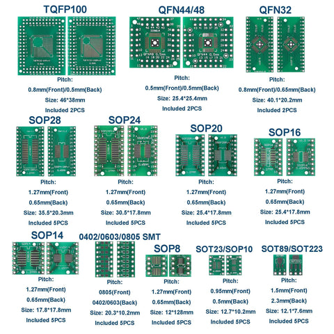 SMD To DIP Adapter Kit With 51 Pieces In 12 Types For SOP SOT 0402 0603 0805 TQFP And QFN Prototyping Boards Plus 40 Pin 2.54mm Male Headers layout.