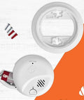 SMI100 Battery Operated Smoke Alarm With Test And Silence Button showing components and battery compartment on orange background.