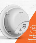 SMI100 Battery Operated Smoke Alarm with Test and Silence Button, front view showing front access battery compartment