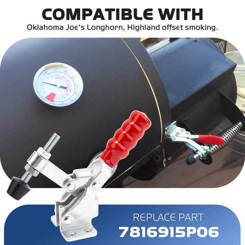 2 Pack Heavy Duty Adjustable Smoker Door Latch Clamps For Offset Smokers Compatible With Firebox Lids And Smoking Chambers Replacement Part 7816915P06 shown with a smoker attached.