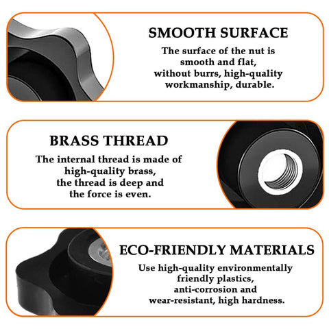 4 Pack 1/4-20 Nylon Star Knob Handles showcasing smooth surface, brass thread, and eco-friendly materials features.
