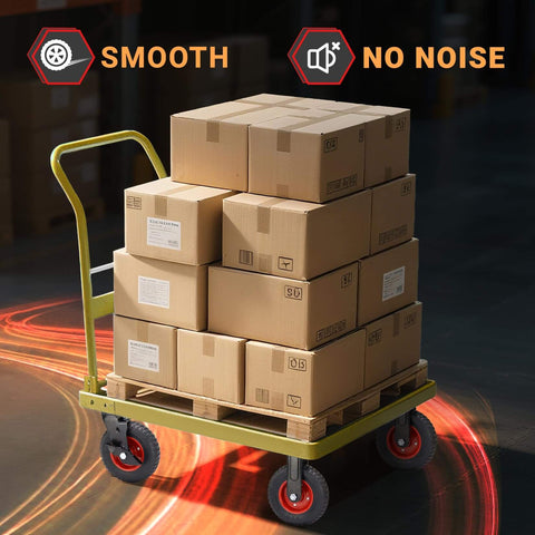 8 inch Heavy Duty Rubber Caster wheels set of 4 on a cart holding stacked boxes, showcasing outdoor industrial use with brakes.