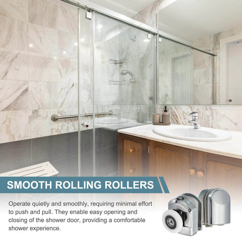 Bathroom with shower featuring 23mm shower door rollers replacement set with single runners wheels and pulleys, silver finish.
