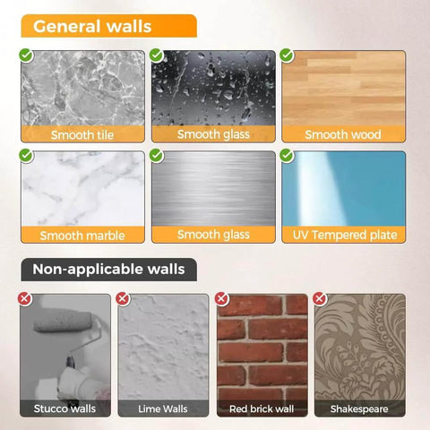 Wall compatibility diagram for Broom Holder Mop Hanger, 2026 New No punching required Broom Hanger Organizer, showing applicable and non-applicable wall types.