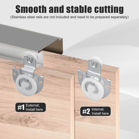 Sliding Closet Door Roller Kit 4 Pieces, Flexible Wardrobe Bypass Door Hardware Set With Screws shown installed on wood panel