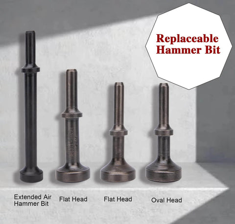 5-Piece Smoothing Air Hammer Bits Set With Extended Length Pneumatic Hammer Bit, Spring-Loaded Attachments, Heavy-Duty Alloy Steel Chisel Bits For Demolition, Metal Work, Grinding And Deburring In Home Improvement Projects featuring flat and oval head designs on a gray background.