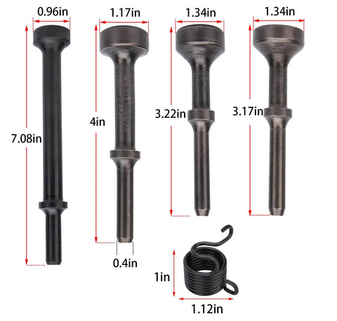 5-Piece Smoothing Air Hammer Bits Set With Extended Length Pneumatic Hammer Bit, spring-loaded attachments, sizes displayed