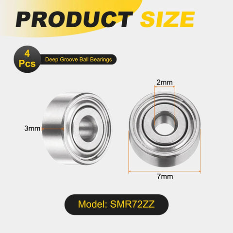 Set of 4 SMR72ZZ Deep Groove Ball Bearings 2x7x3mm 440C Stainless Steel Double Shielded ABEC 5