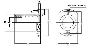 Technical drawing of SMT10GUU NB 10mm Slide Bush Bushings Miniature Motion Linear Bearing, highlighting dimensions and mounting holes.