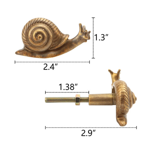 Vintage Metal Snail Shaped Cabinet Knob 2 Piece Set With Mounting Screws, side view showing measurements and antique gold finish.