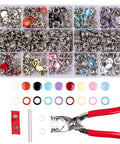 All In One 9.5mm Snap Button Kit With 200 Pieces In 10 Colors, Includes Pliers And Snap Fastener Tool, metal snaps organized in box