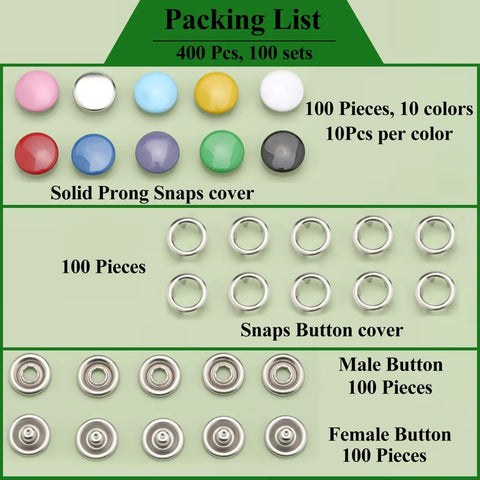 Metal Snap Buttons Set 9.5mm Kit With Pliers Press Tool For Dope DIY Sewing Crafts Clothes Hats And More, 400 Pieces shown