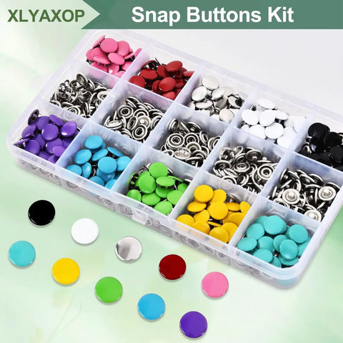 All In One Snap Button Kit With Press Pliers For Fabric And Sewing Includes 800 Metal Snaps In 10 Solid Colors With 9.5mm And 10mm Sizes Storage Box Bonus Rubber Rings And Pliers For DIY Clothing And Craft Projects in a 15-grid plastic box