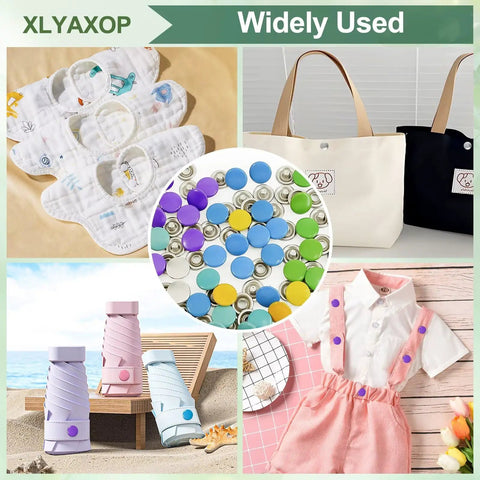 All In One Snap Button Kit With Press Pliers For Fabric And Sewing Includes 800 Metal Snaps In 10 Solid Colors With 9.5mm And 10mm Sizes Storage Box Bonus Rubber Rings And Pliers For DIY Clothing And Craft Projects visible with snaps, snaps on bags, and snaps on clothing.