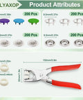 Image of All In One Snap Button Kit With Press Pliers For Fabric And Sewing Includes 800 Metal Snaps in 10 sizes and rubber rings
