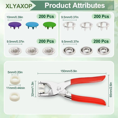 Image of All In One Snap Button Kit With Press Pliers For Fabric And Sewing Includes 800 Metal Snaps in 10 sizes and rubber rings