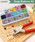 All In One Snap Button Kit With Press Pliers For Fabric And Sewing Includes 800 Metal Snaps In 10 Solid Colors With 9.5mm And 10mm Sizes Storage Box Bonus Rubber Rings And Pliers For DIY Clothing And Craft Projects
