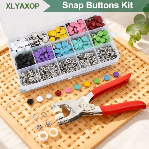 All In One Snap Button Kit With Press Pliers For Fabric And Sewing Includes 800 Metal Snaps In 10 Solid Colors With 9.5mm And 10mm Sizes Storage Box Bonus Rubber Rings And Pliers For DIY Clothing And Craft Projects