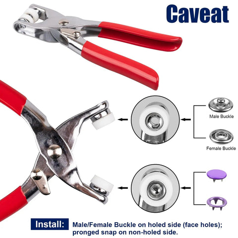 All In One 9.5mm Snap Button Kit With 200 Pieces In 10 Colors, Includes Pliers And Snap Fastener Tool installation diagram