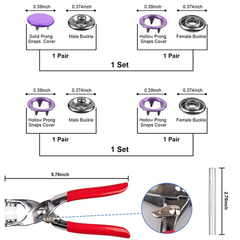 Diagram of All In One 9.5mm Snap Button Kit With 200 Pieces In 10 Colors, Includes Pliers And Snap Fastener Tool for sewing