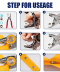 Step-by-step usage guide for All In One 9.5mm Snap Button Kit With 200 Pieces In 10 Colors, Includes Pliers And Snap Fastener Tool.