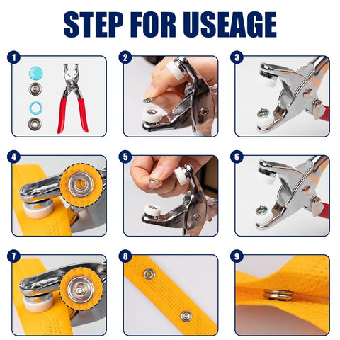 Step-by-step usage guide for All In One 9.5mm Snap Button Kit With 200 Pieces In 10 Colors, Includes Pliers And Snap Fastener Tool.