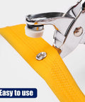 Close-up of pliers and snap on fabric from All In One 9.5mm Snap Button Kit With 200 Pieces In 10 Colors, Includes Pliers And Snap Fastener Tool