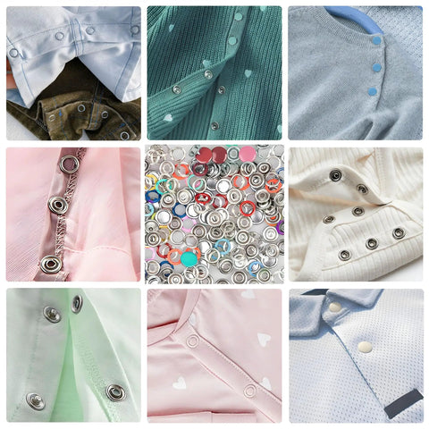 Collage of garments with metal snap closures, displaying Metal Snap Button Kit With Pliers Tool Set For DIY Sewing, 9.5mm Prong Snaps.