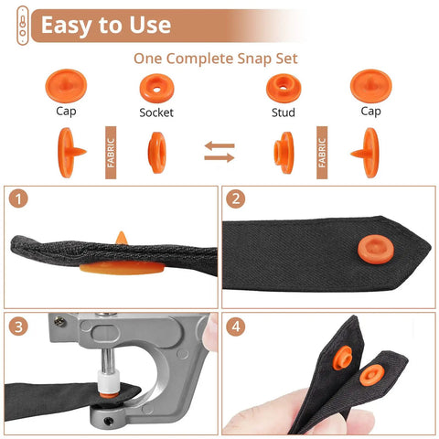 Close-up of All In One Snap Fastener Starter Kit showing orange snap set installation on black fabric using pliers