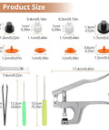Product size specifications for All In One Snap Fastener Starter Kit For Sewing And DIY Crafts with included tools and pliers.