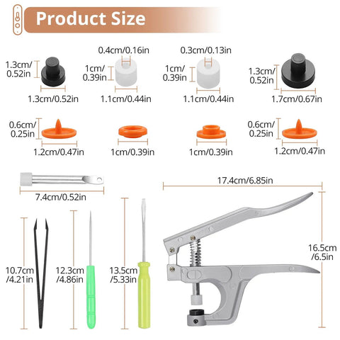 Product size specifications for All In One Snap Fastener Starter Kit For Sewing And DIY Crafts with included tools and pliers.