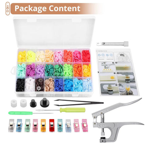 All In One Snap Fastener Starter Kit For Sewing And DIY Crafts With 408 Sets In 24 Color Options Plus Snap Pliers Press Tool And All Accessories For Clothes Replacements Bibs Rain Gear Kamtop, showing plastic snaps and tools.