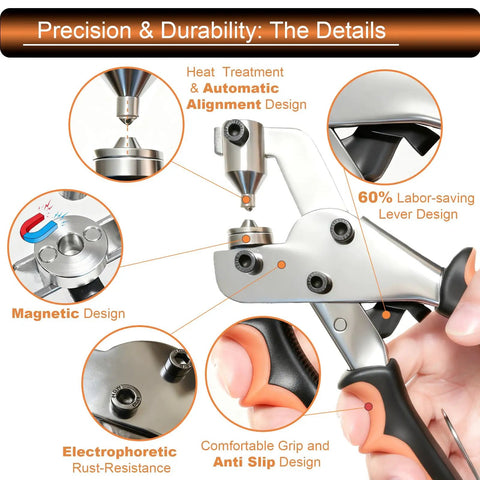 Close-up of heavy duty snap fasteners kit tool showing precision design features and comfortable grip for DIY repairs.