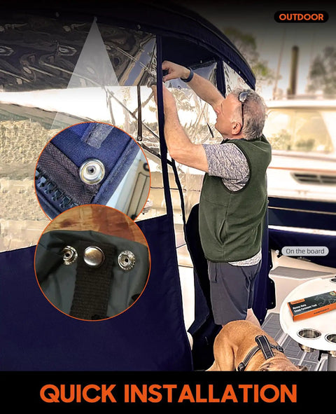 Man using Heavy Duty Snap Fastener Tool Kit With 100 Snap Sets In Four Colors for installing snap on boat cover.