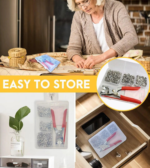 All In One Snap Fasteners Kit With Pliers 200 Sets 9.5mm No Sewing Needed DIY Press Studs For Fabric And Clothing stored in drawer