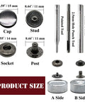 Image showing components of the Leather Snap Fasteners Kit 12 Set 15mm Metal Snaps With Four Install Tools Rivets And Snaps For Clothing.