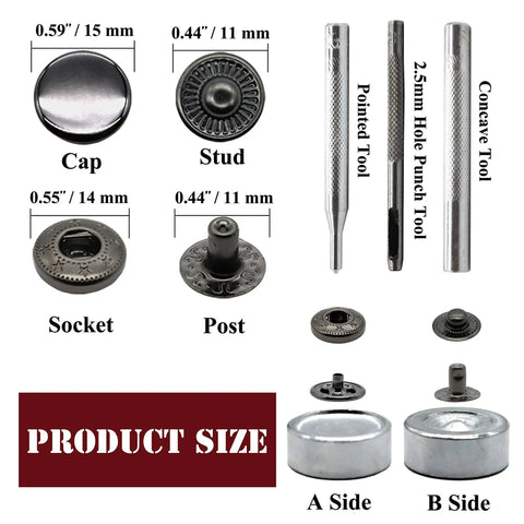 Image showing components of the Leather Snap Fasteners Kit 12 Set 15mm Metal Snaps With Four Install Tools Rivets And Snaps For Clothing.