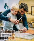 Father and son using 120 Set Snap Fasteners Kit For Leather 12mm Metal Button Snaps Press Studs With 4 Setter Tools And A Hammer