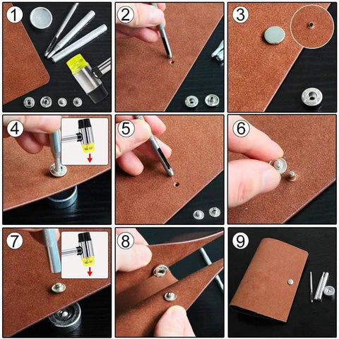 Step-by-step guide showing installation of 120 Set Snap Fasteners Kit For Leather 12mm Metal Button Snaps Press Studs With 4 Setter Tools.