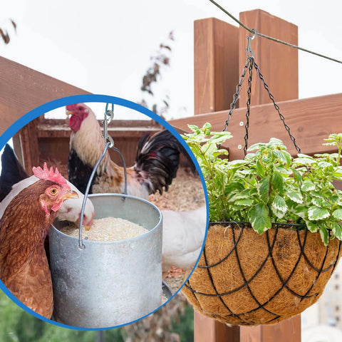 Hanging plants and chickens eating with double ended snap hooks, 4 Pack Double Ended Snaps 3.5 Inch Zinc Alloy Trigger Metal Clips Silver