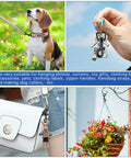 Collage showing uses of 20Pcs Bolt Snap Hooks Set For Dog Leash Clips And DIY Projects, including dog leash, keychain, purse, and hanging basket.
