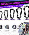 5 sizes of utility snap hooks shown, including 2 Pack 5.5 Inch Spring Snap Hooks With 1000 Lbs Load Capacity Utility Hook Clip Heavy Duty Rope Connector Quick Link Hooks For Indoor Outdoor Use Hanging Camping Fishing And Outdoor Equipment.