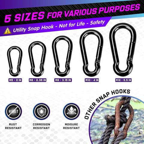 5 sizes of utility snap hooks shown, including 2 Pack 5.5 Inch Spring Snap Hooks With 1000 Lbs Load Capacity Utility Hook Clip Heavy Duty Rope Connector Quick Link Hooks For Indoor Outdoor Use Hanging Camping Fishing And Outdoor Equipment.