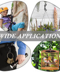 Collage showing wide application of 3.5 Inch Double Ended Snap Hooks 110 Lbs Load Zinc Alloy Heavy Duty Bolt Snap Clips, used for climbing, hanging plants, keychains, and bird cages.